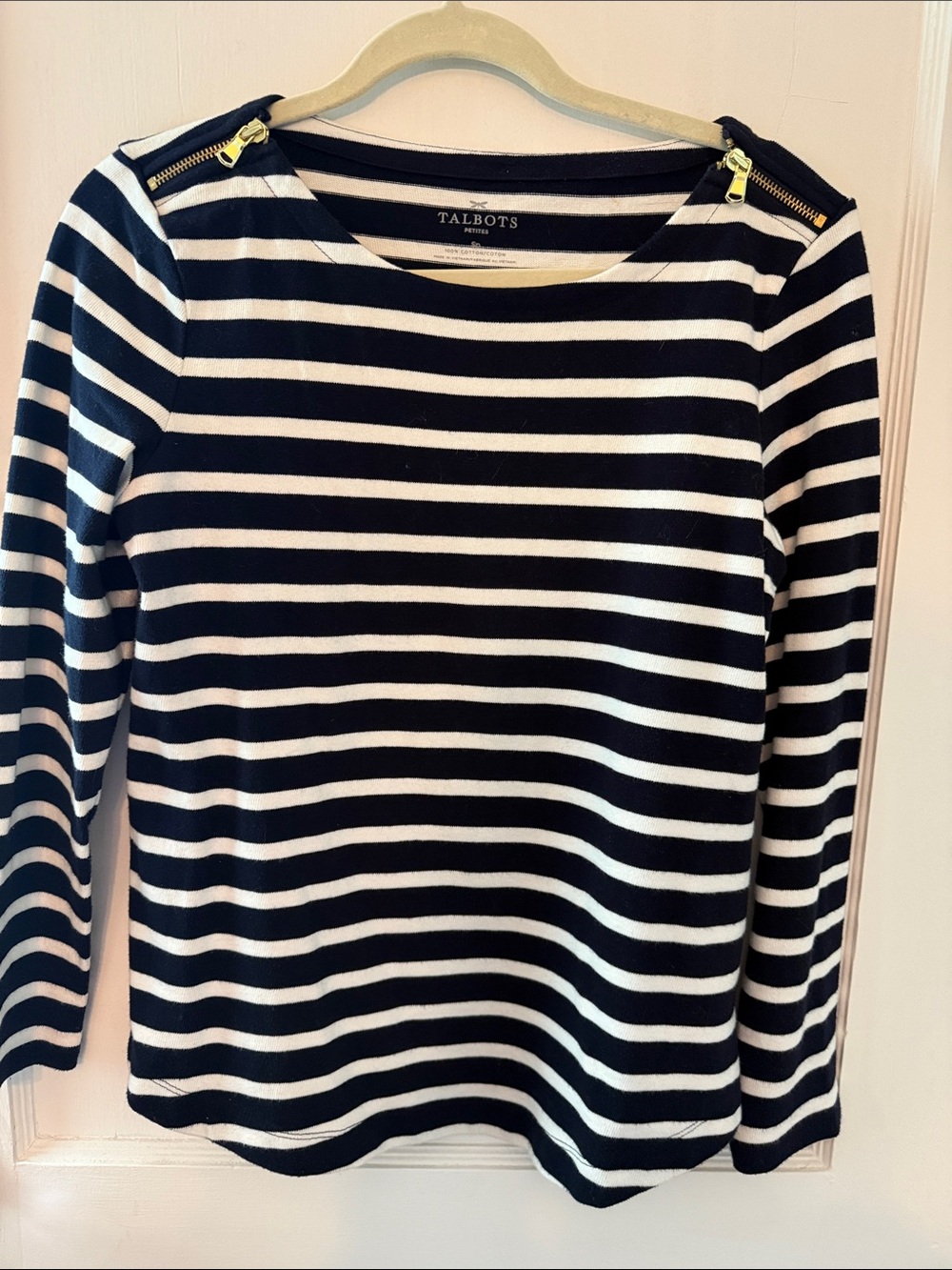 Talbots Black and White Stripe Shoulder-Zip Sweater